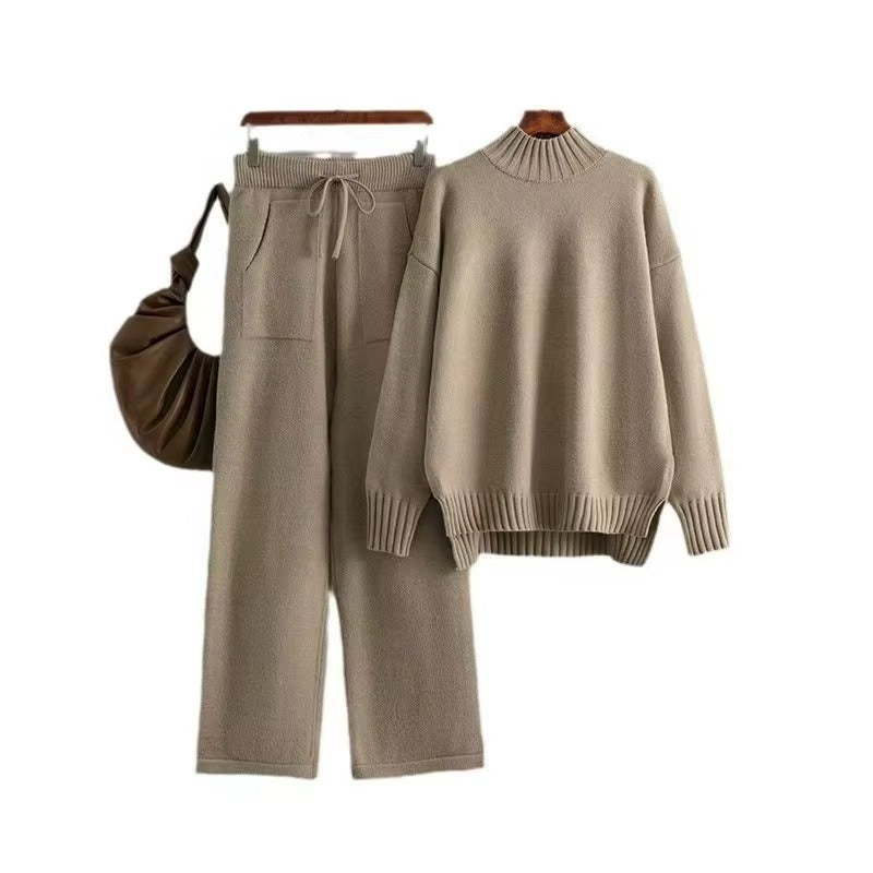 Women Winter Loose Half Turtleneck Knit Sweater Two Piece Set