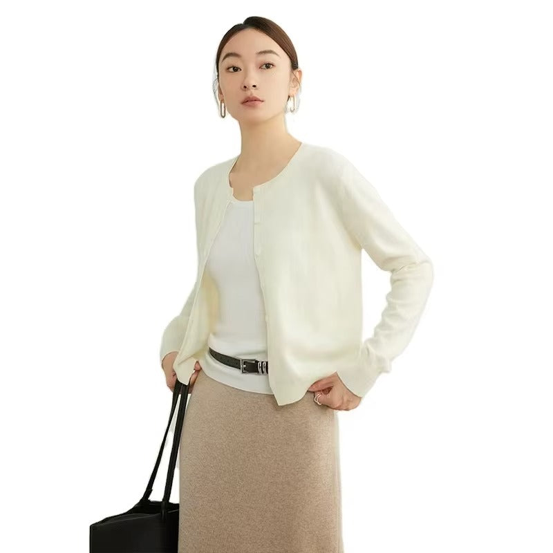 100% Wool Cardigan for Women Spring Autumn Soft Padded Crew Neck Button Knitted Casual