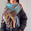 Autumn Winter Plaid Tassel Scarf Rainbow Color Block Cashmere Mohair Shawl Thickened Neck