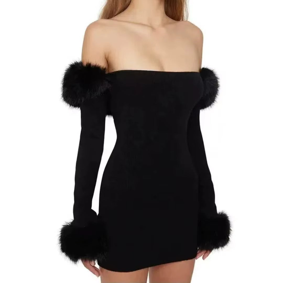 Women French Off Shoulder Black Knitted Dress Hairy Neck Wrap Solid