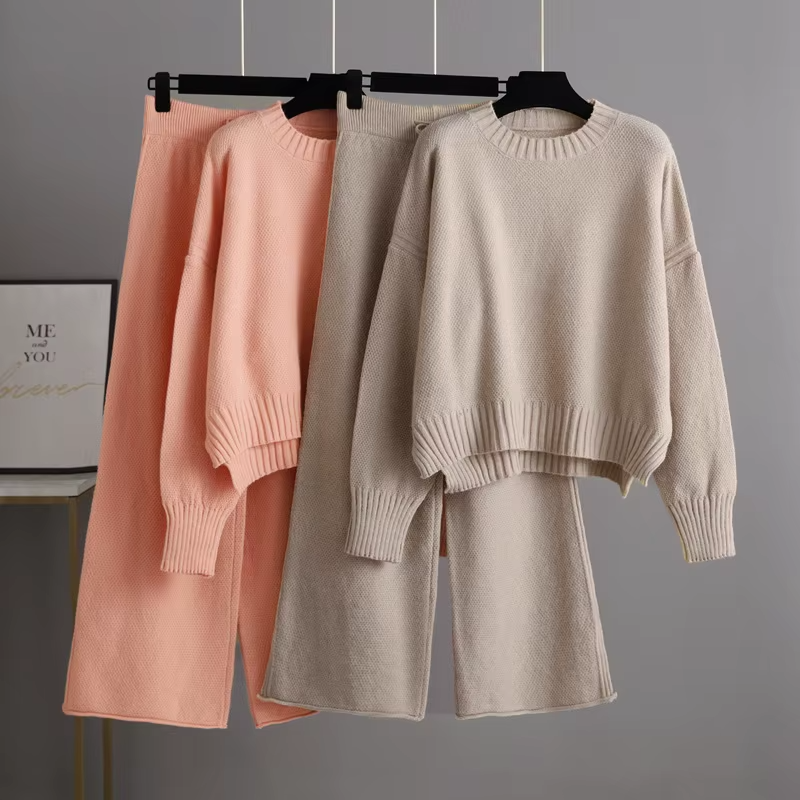 Women Autumn Winter Solid Print Knit Sweater & Wide Leg Pants Two-Piece Set