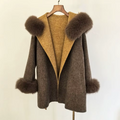 Women Vintage Double-Sided Wool Long Coat Fox Fur Collar