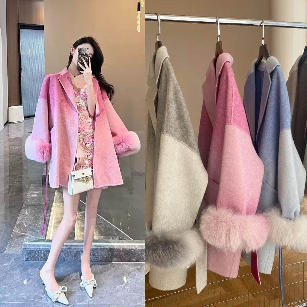 Women Gradient Double-Sided Cashmere Long Wool Coat
