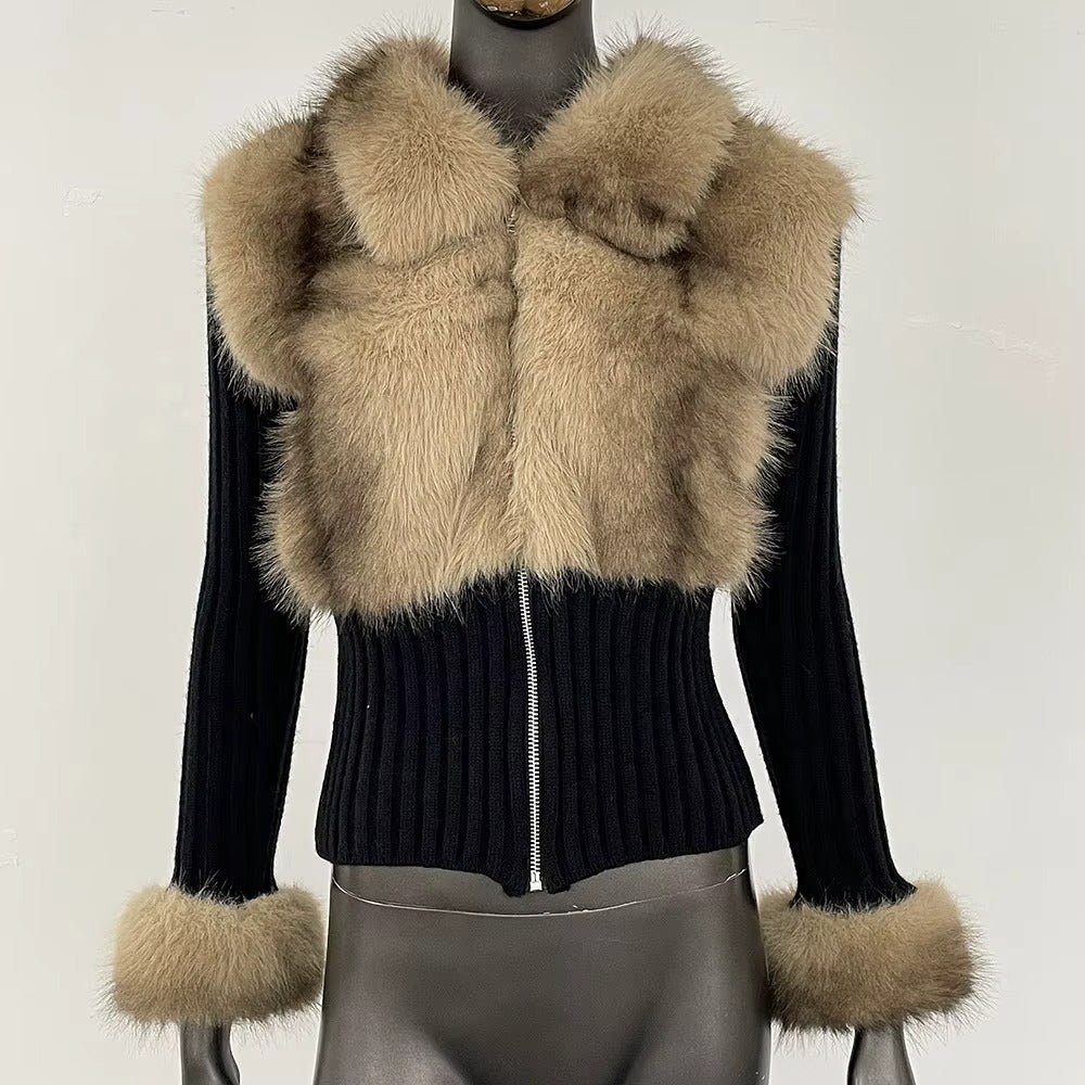 Women Autumn Winter Casual Short Eco-Friendly Faux Fur Knit Sweater