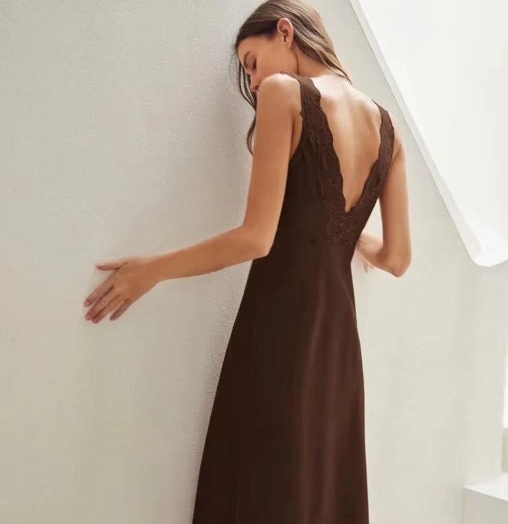 Women Long Elegant Lace Satin Silk Nightgown Solid Sleep Dress