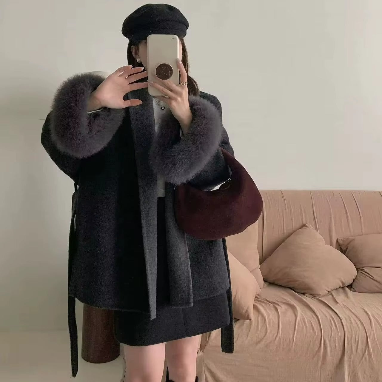 Women Two-tone Mid-Length Cashmere Bathrobe Coat Fur Sleeves