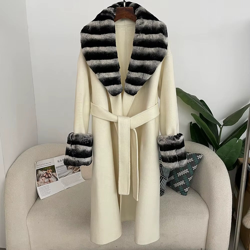 Women Autumn Winter Double-Sided Wool Long Coat Rex Rabbit Fur Collar