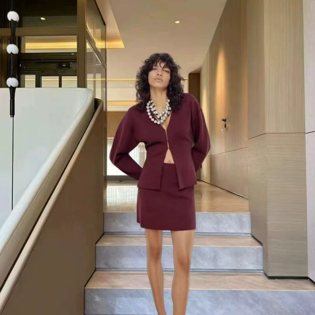 New Solid Color Zip-up Shirt Top Pencil Skirt Set for Women Spring