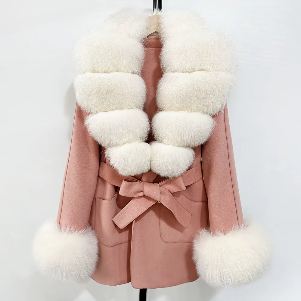 Women Winter Elegant Double-Sided Wool Long Coat Real Fox Fur Collar Waist-Cinching