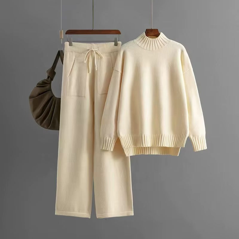 Women Winter Loose Half Turtleneck Knit Sweater Two Piece Set