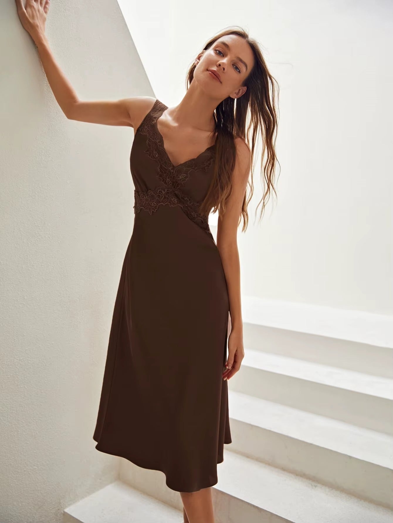 Women Long Elegant Lace Satin Silk Nightgown Solid Sleep Dress