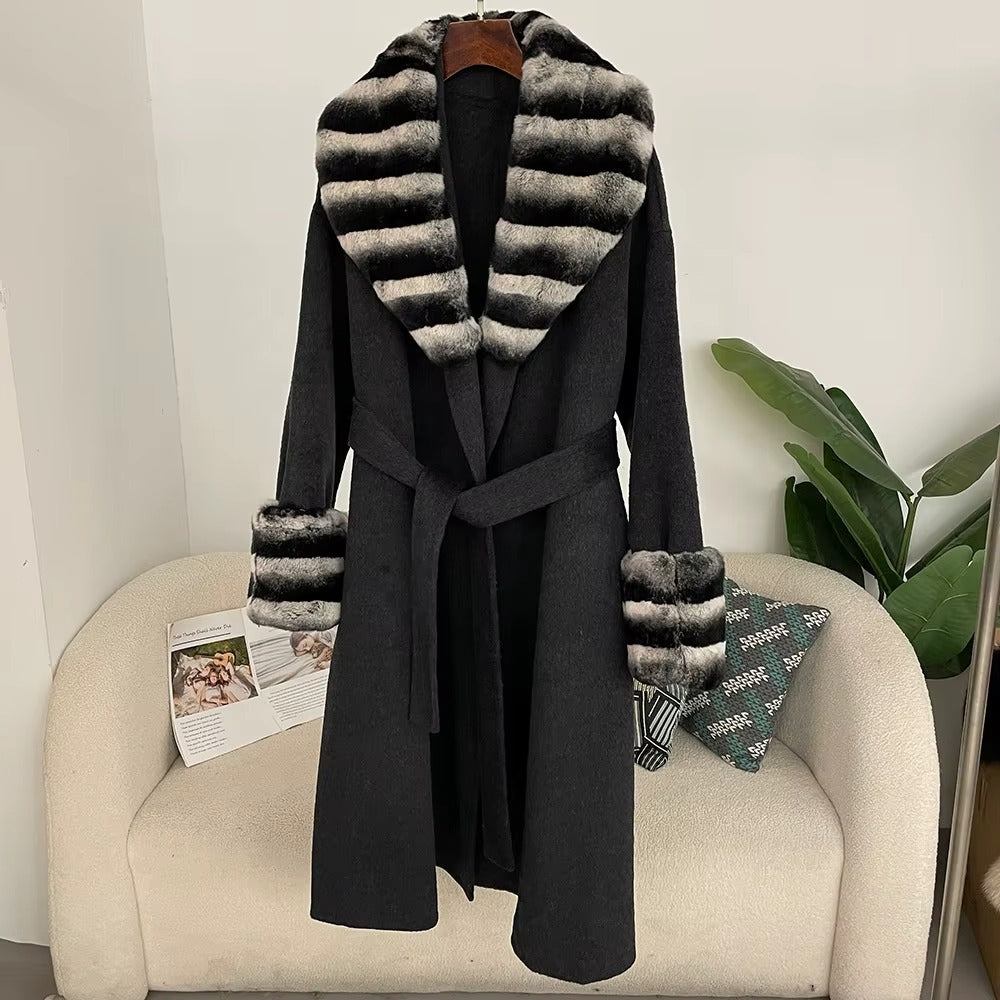Women Autumn Winter Double-Sided Wool Long Coat Rex Rabbit Fur Collar