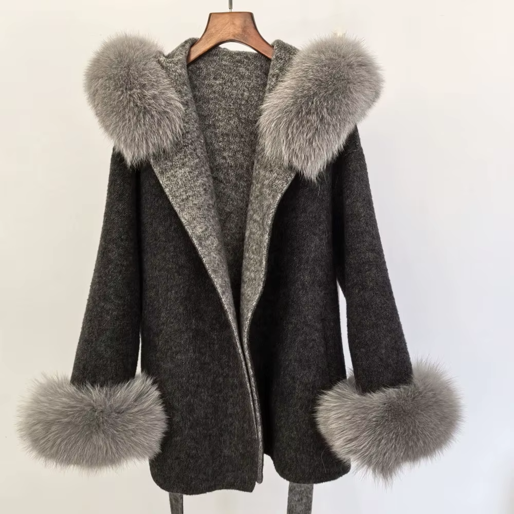 Women Vintage Double-Sided Wool Long Coat Fox Fur Collar