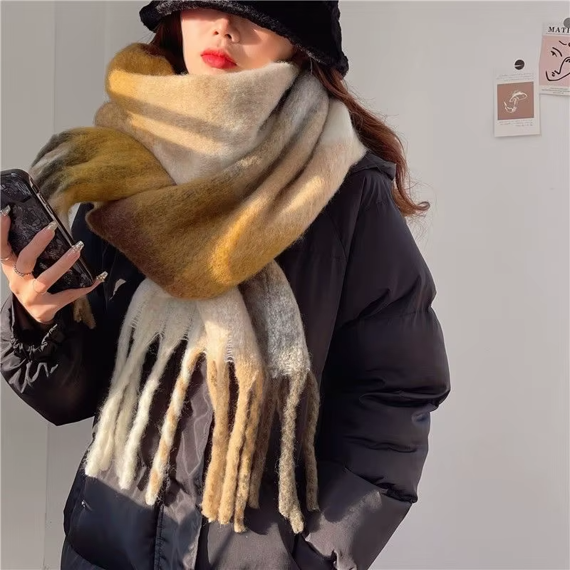 Autumn Winter Plaid Tassel Scarf Rainbow Color Block Cashmere Mohair Shawl Thickened Neck