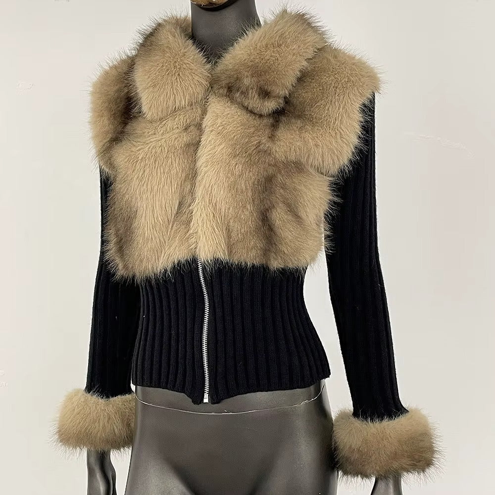 Women Autumn Winter Casual Short Eco-Friendly Faux Fur Knit Sweater