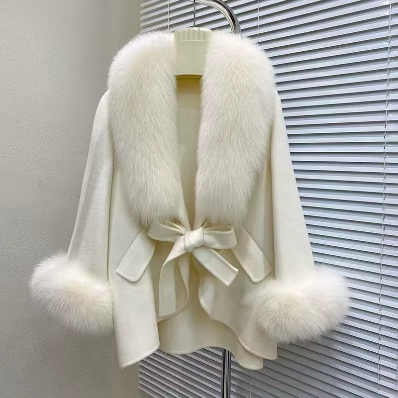 Women Double-Sided Wool Cloak Coat Fox Fur Collar