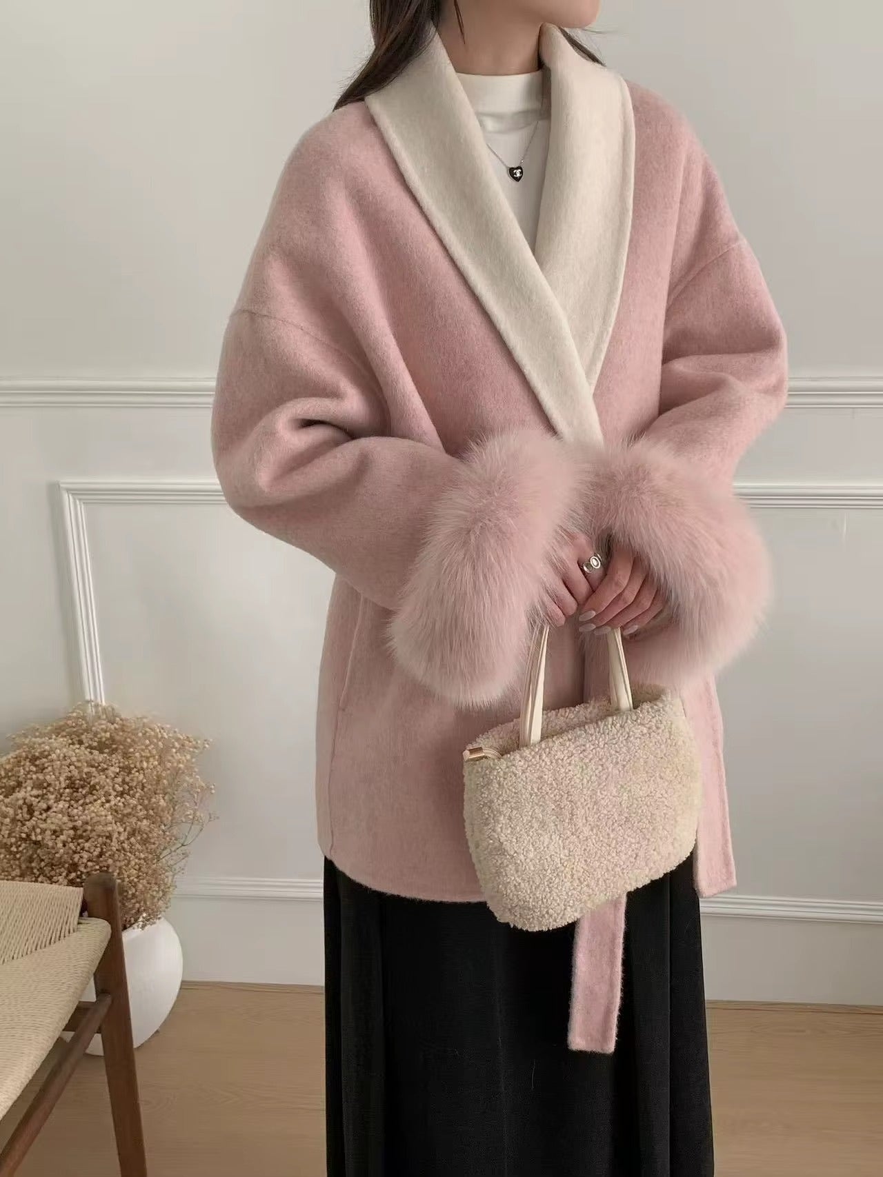 Women Two-tone Mid-Length Cashmere Bathrobe Coat Fur Sleeves