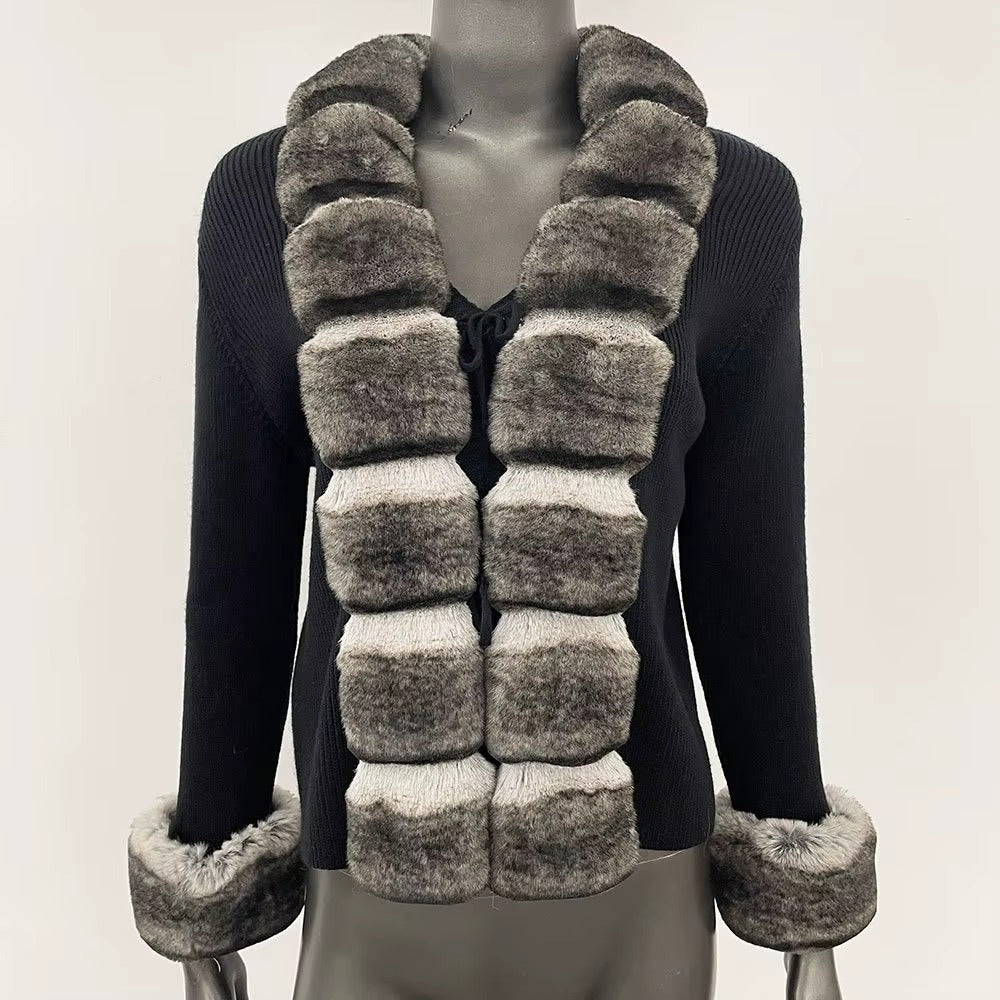 Women Spring Slim Knitted Cardigan Jacket Faux Totoro Wave Pattern