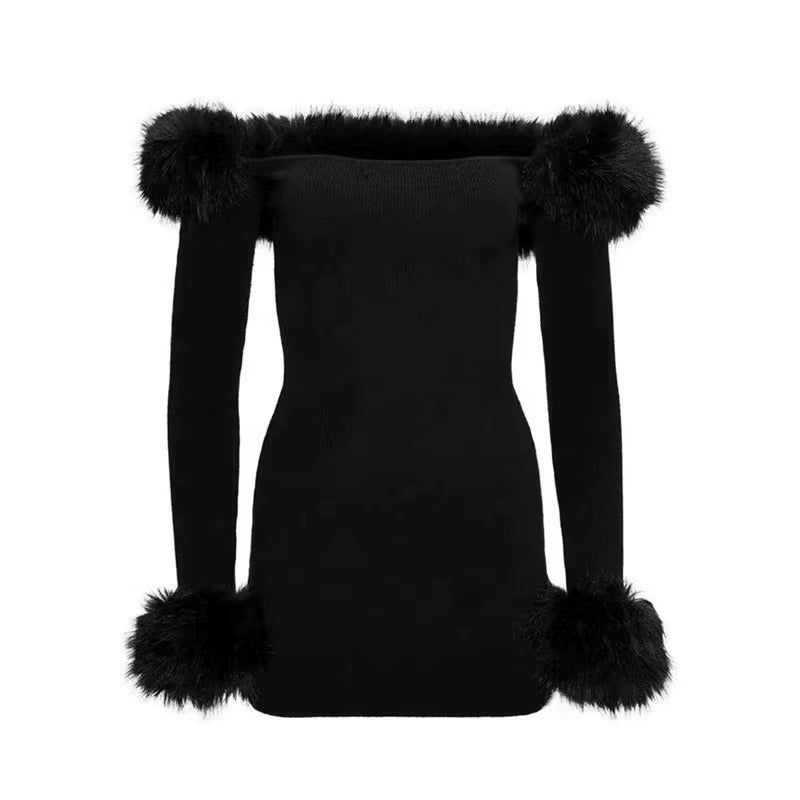 Women French Off Shoulder Black Knitted Dress Hairy Neck Wrap Solid