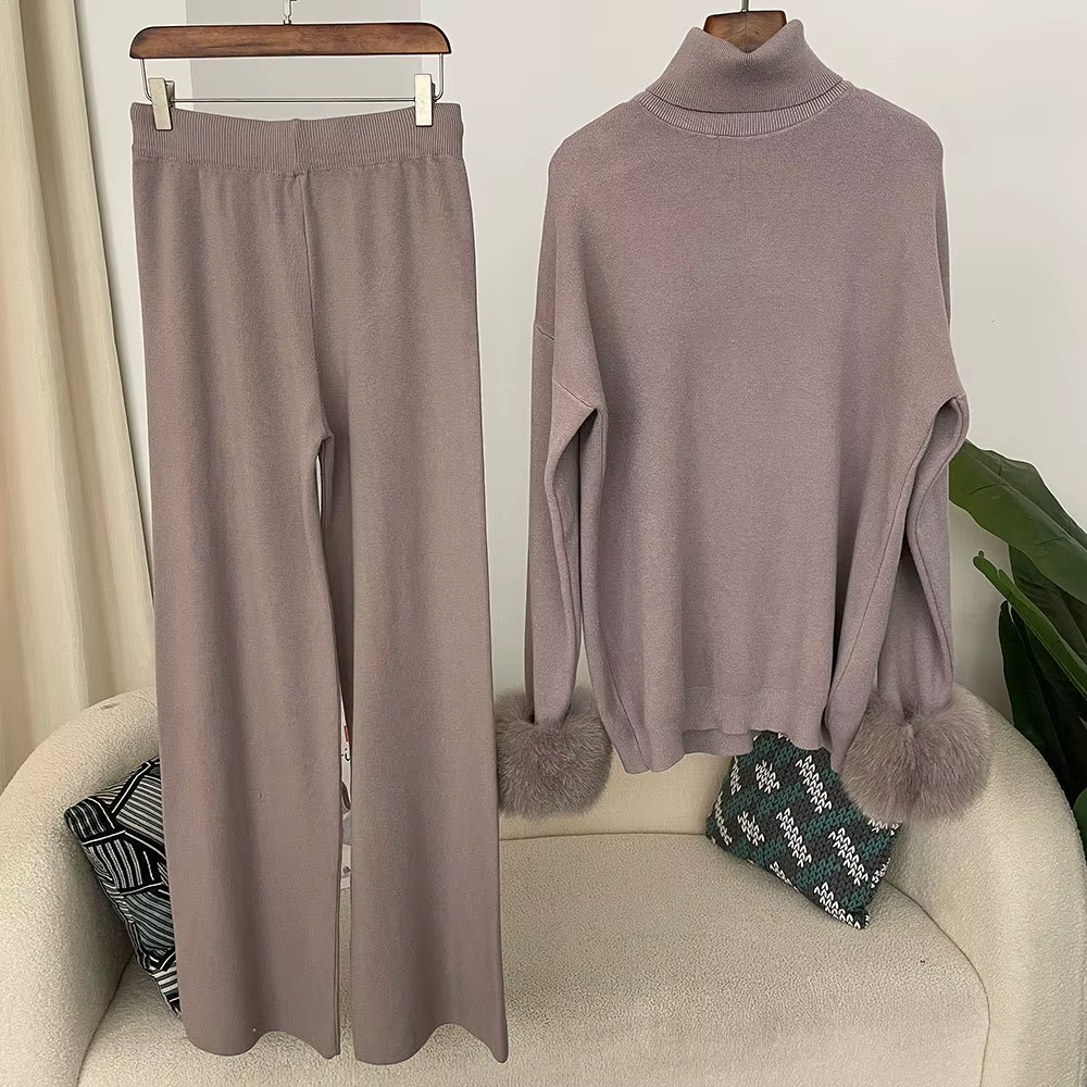 Women Autumn Winter High Neck Knit Two-Piece Set Fox Fur Cuff Loose Comfortable