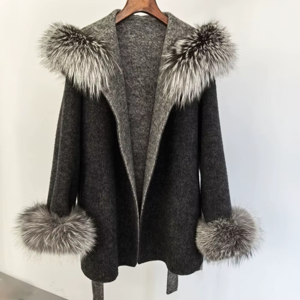 Women Vintage Double-Sided Wool Long Coat Fox Fur Collar