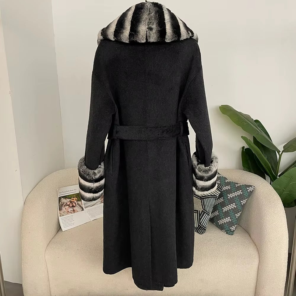Women Autumn Winter Double-Sided Wool Long Coat Rex Rabbit Fur Collar