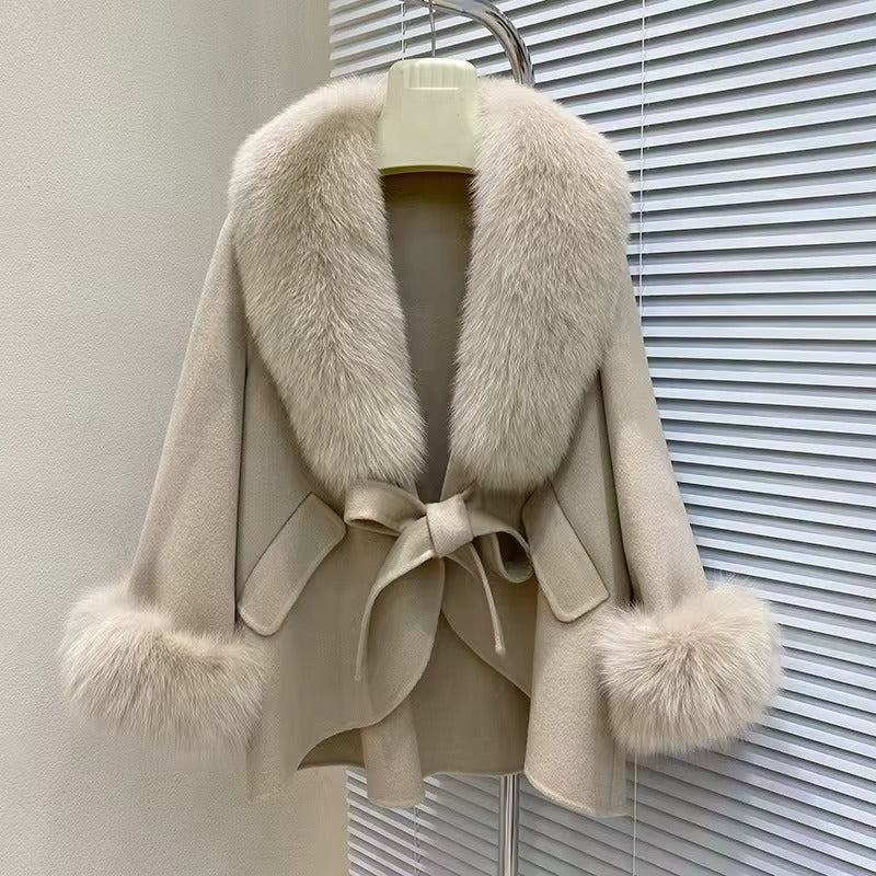 Women Double-Sided Wool Cloak Coat Fox Fur Collar