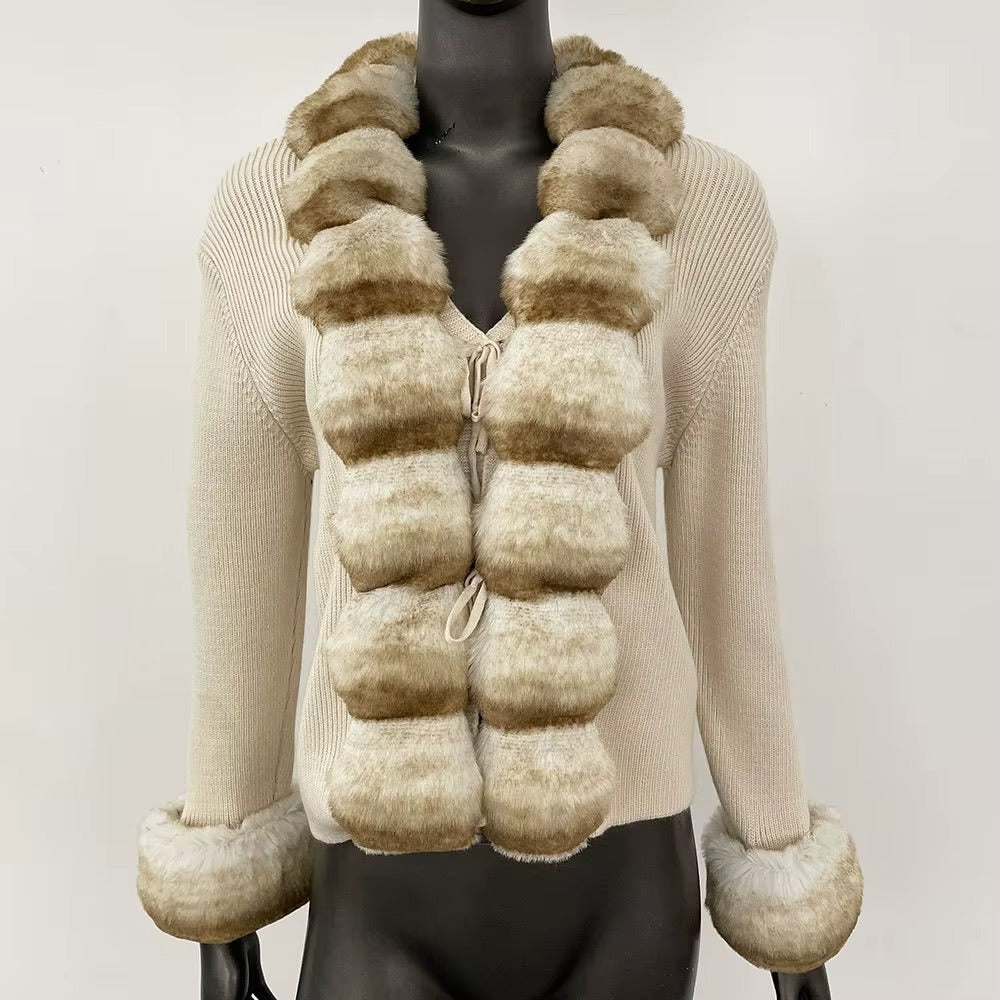 Women Spring Slim Knitted Cardigan Jacket Faux Totoro Wave Pattern