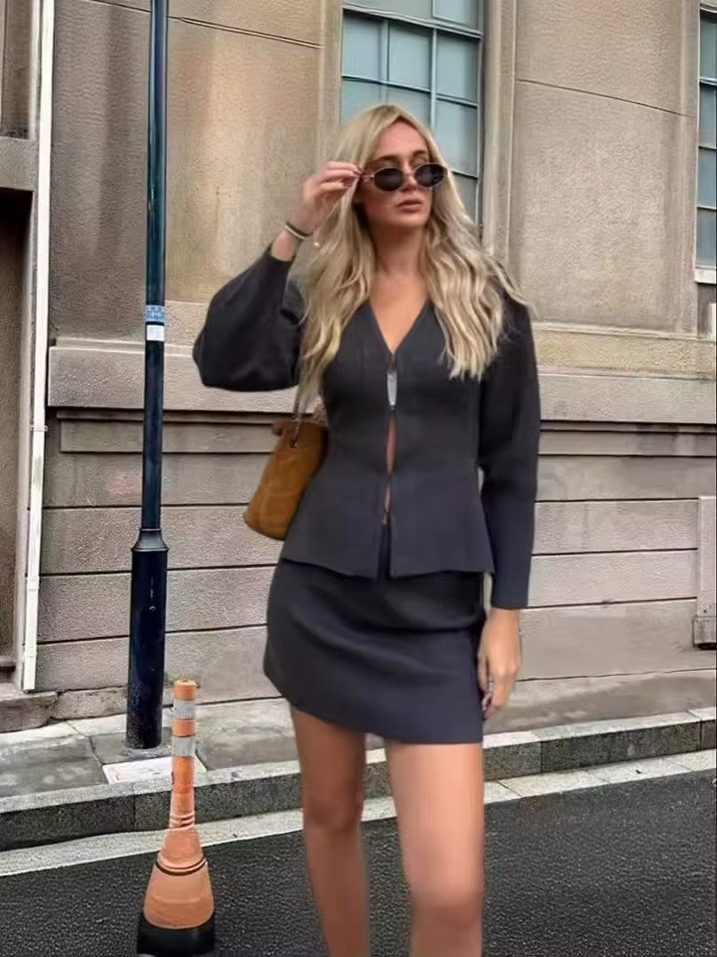 New Solid Color Zip-up Shirt Top Pencil Skirt Set for Women Spring