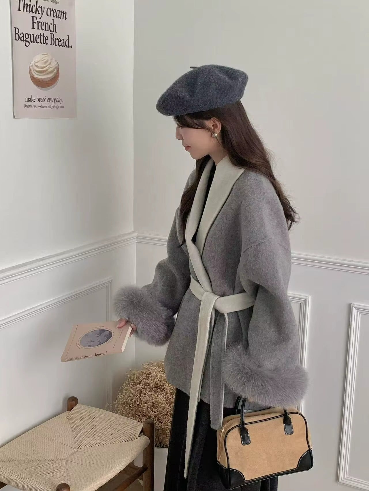 Women Two-tone Mid-Length Cashmere Bathrobe Coat Fur Sleeves