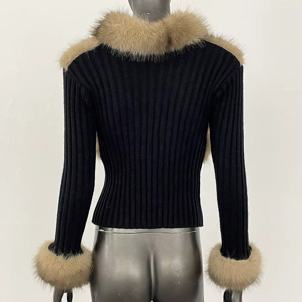 Women Autumn Winter Casual Short Eco-Friendly Faux Fur Knit Sweater