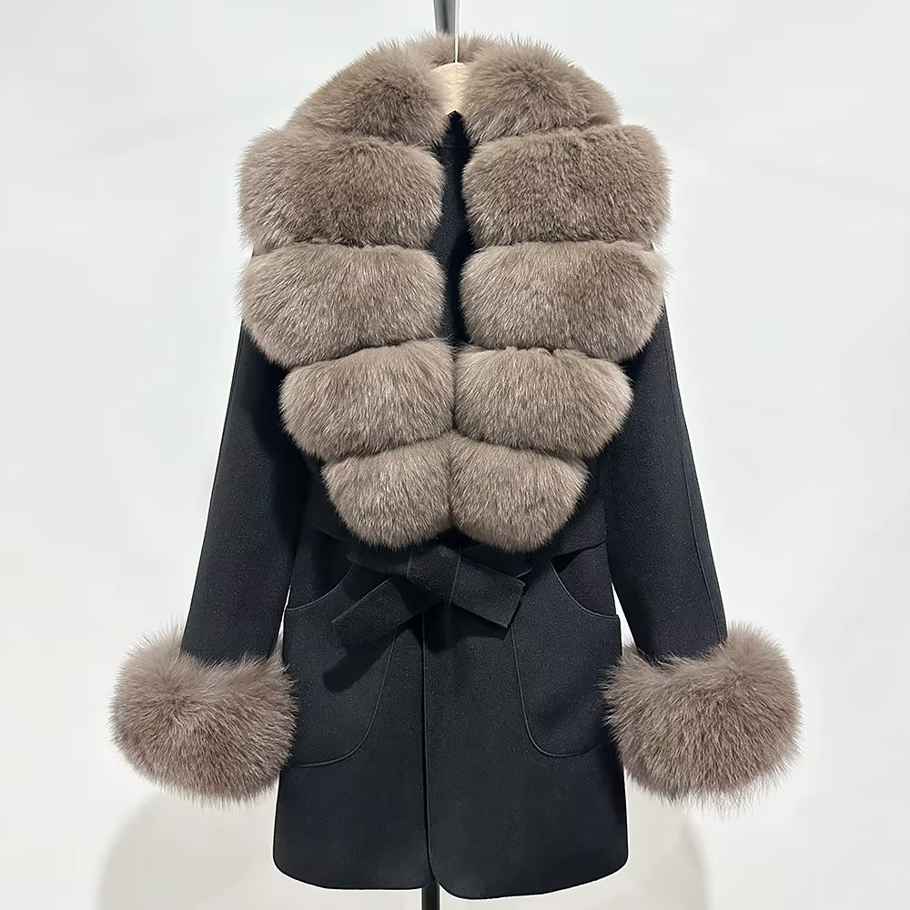 Women Winter Elegant Double-Sided Wool Long Coat Real Fox Fur Collar Waist-Cinching