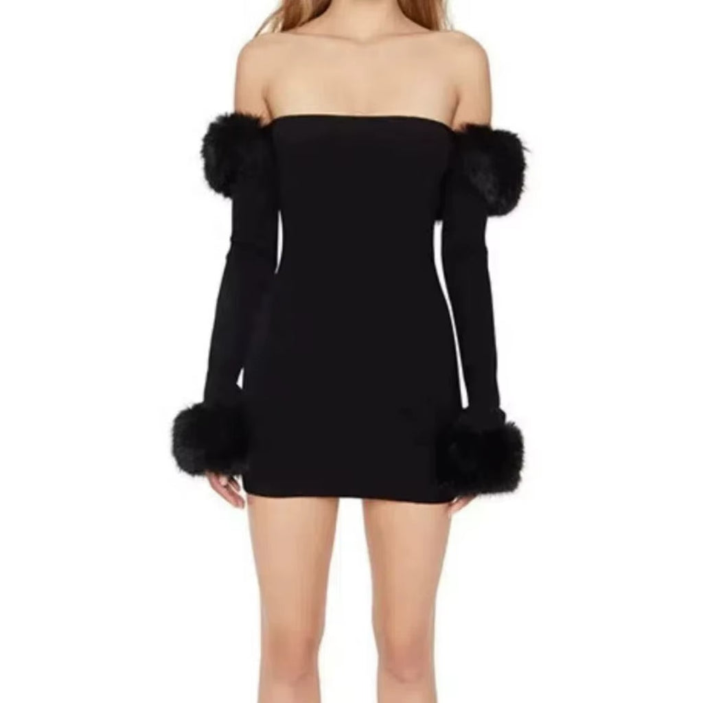 Women French Off Shoulder Black Knitted Dress Hairy Neck Wrap Solid