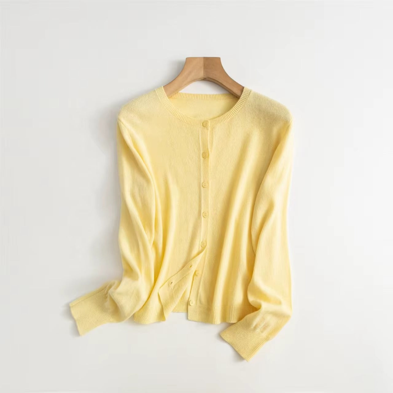 100% Wool Cardigan for Women Spring Autumn Soft Padded Crew Neck Button Knitted Casual