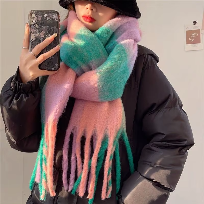 Autumn Winter Plaid Tassel Scarf Rainbow Color Block Cashmere Mohair Shawl Thickened Neck