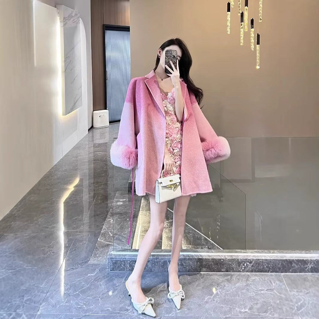 Women Gradient Double-Sided Cashmere Long Wool Coat