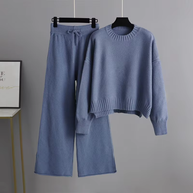Women Autumn Winter Solid Print Knit Sweater & Wide Leg Pants Two-Piece Set