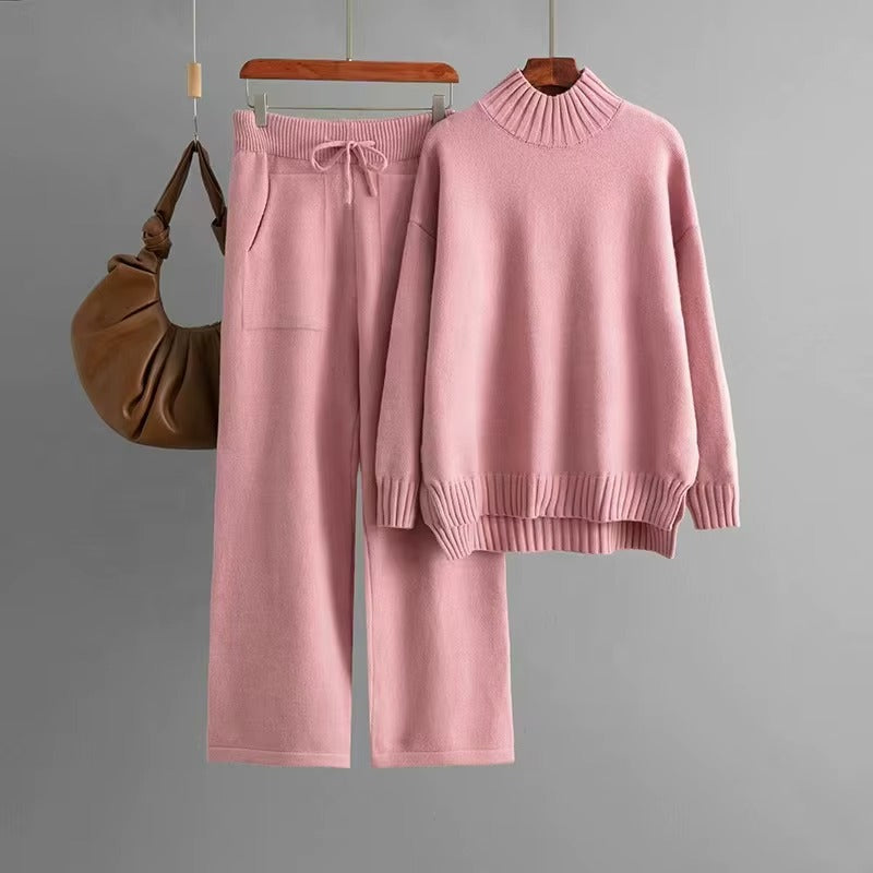 Women Winter Loose Half Turtleneck Knit Sweater Two Piece Set