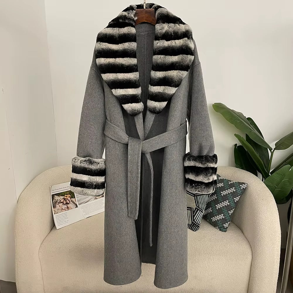 Women Autumn Winter Double-Sided Wool Long Coat Rex Rabbit Fur Collar
