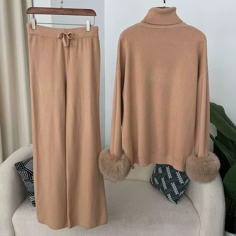 Women Autumn Winter High Neck Knit Two-Piece Set Fox Fur Cuff Loose Comfortable