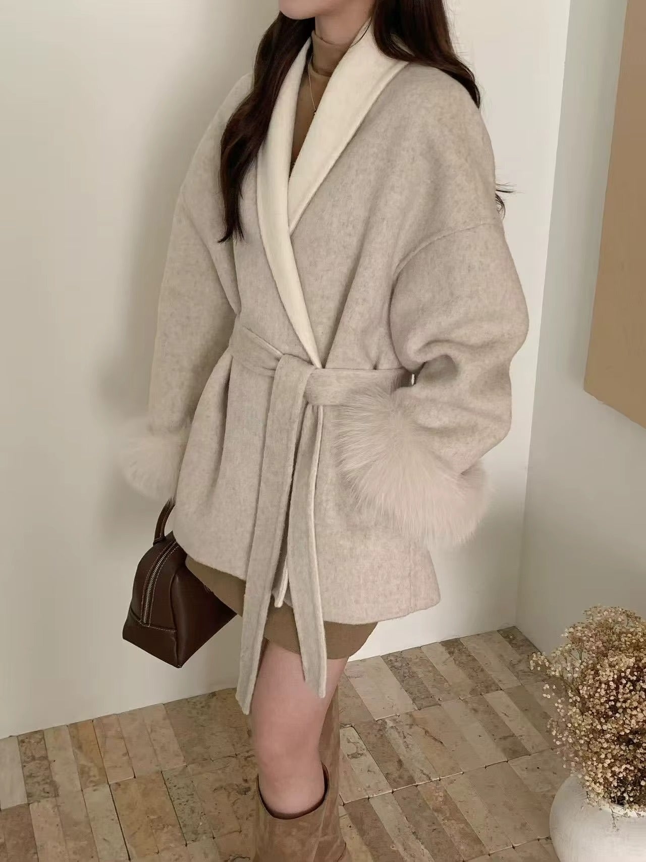 Women Two-tone Mid-Length Cashmere Bathrobe Coat Fur Sleeves