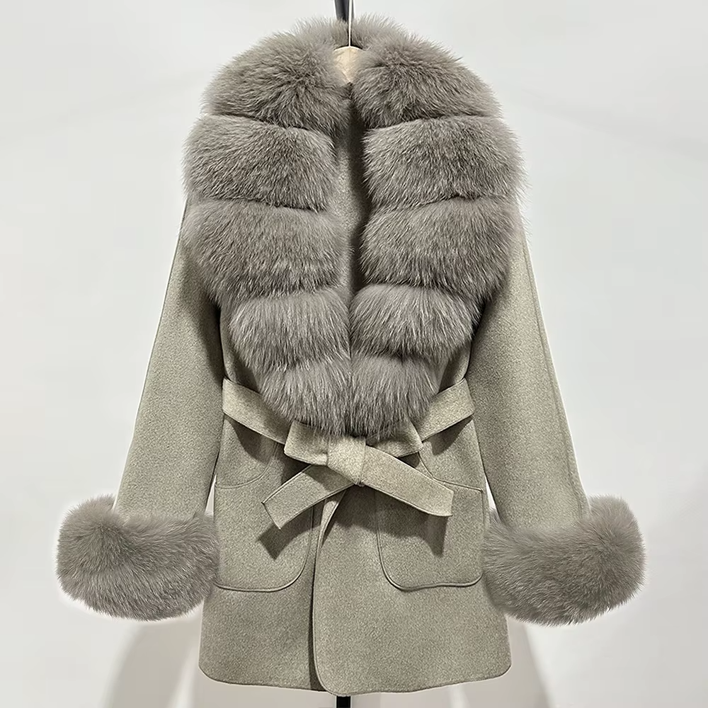 Women Winter Elegant Double-Sided Wool Long Coat Real Fox Fur Collar Waist-Cinching