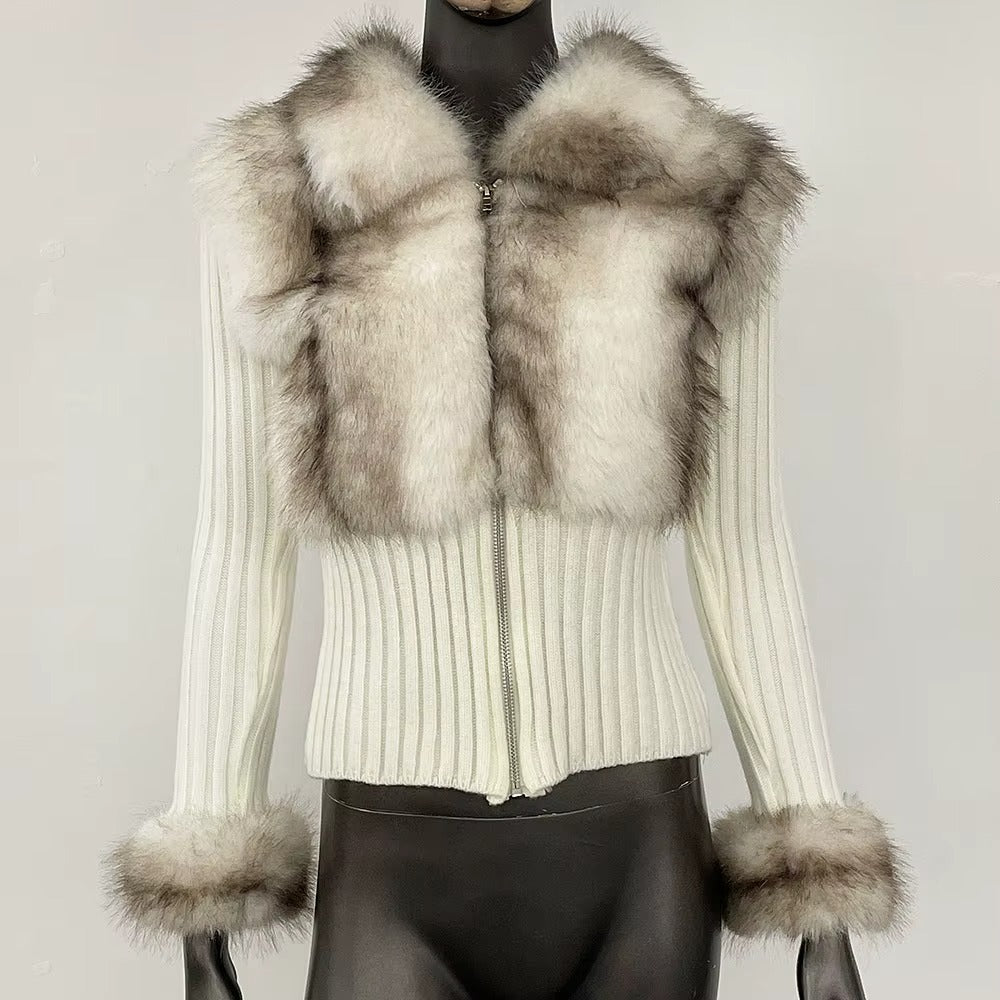 Women Autumn Winter Casual Short Eco-Friendly Faux Fur Knit Sweater