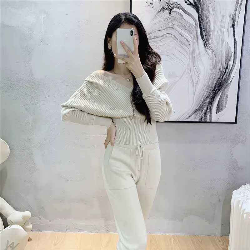 Women Spring Casual Off Shoulder Short Sweater & Leggings Two-Piece Set Solid Sexy Cozy