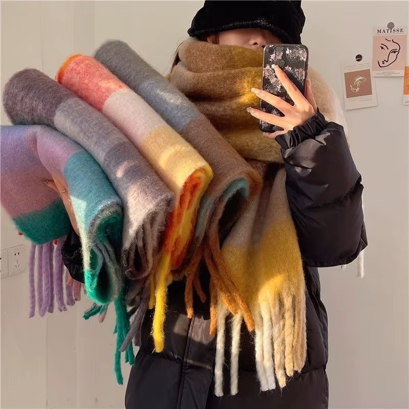 Autumn Winter Plaid Tassel Scarf Rainbow Color Block Cashmere Mohair Shawl Thickened Neck