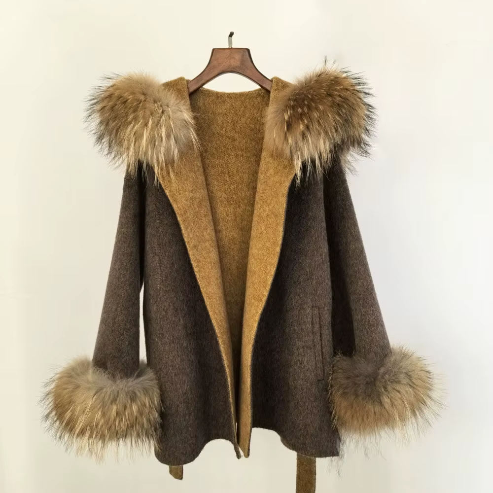 Women Vintage Double-Sided Wool Long Coat Fox Fur Collar