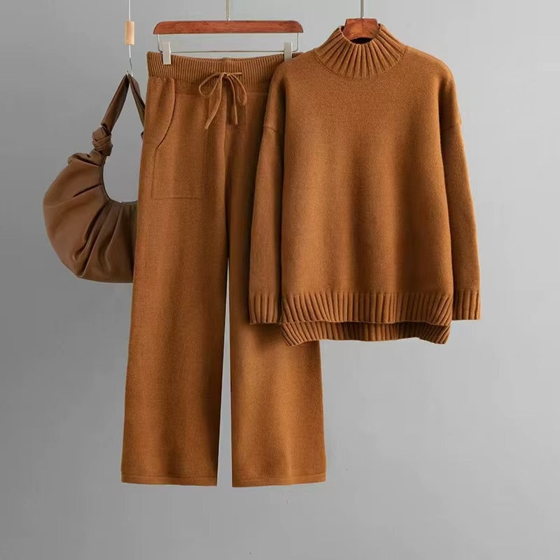 Women Winter Loose Half Turtleneck Knit Sweater Two Piece Set