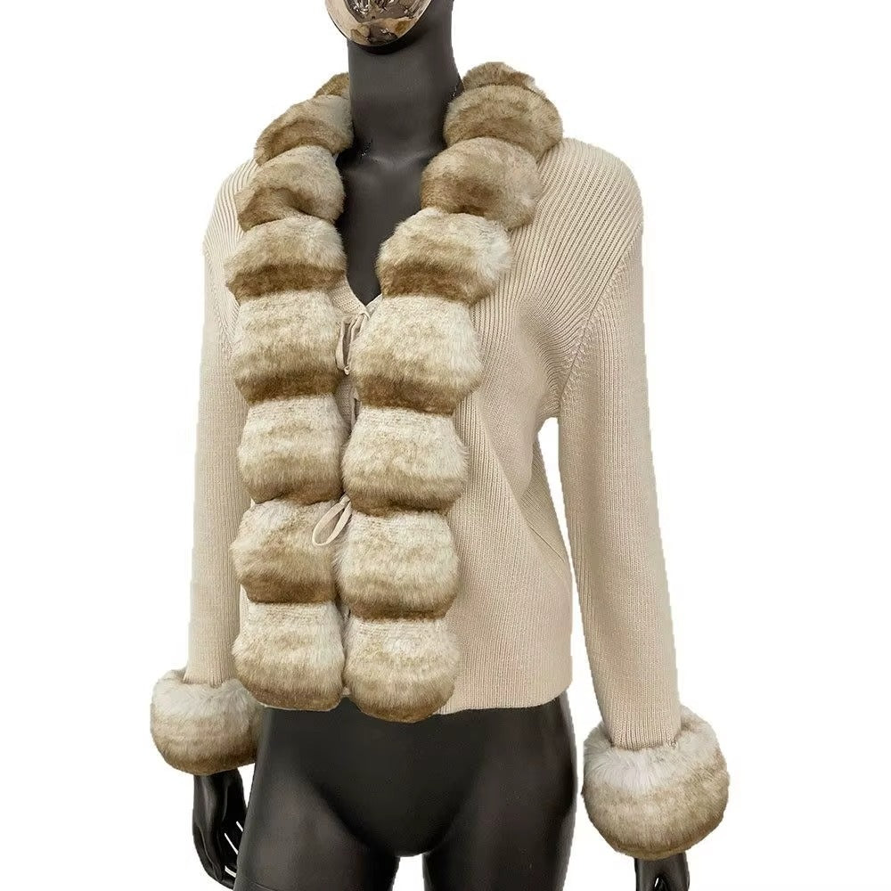 Women Spring Slim Knitted Cardigan Jacket Faux Totoro Wave Pattern