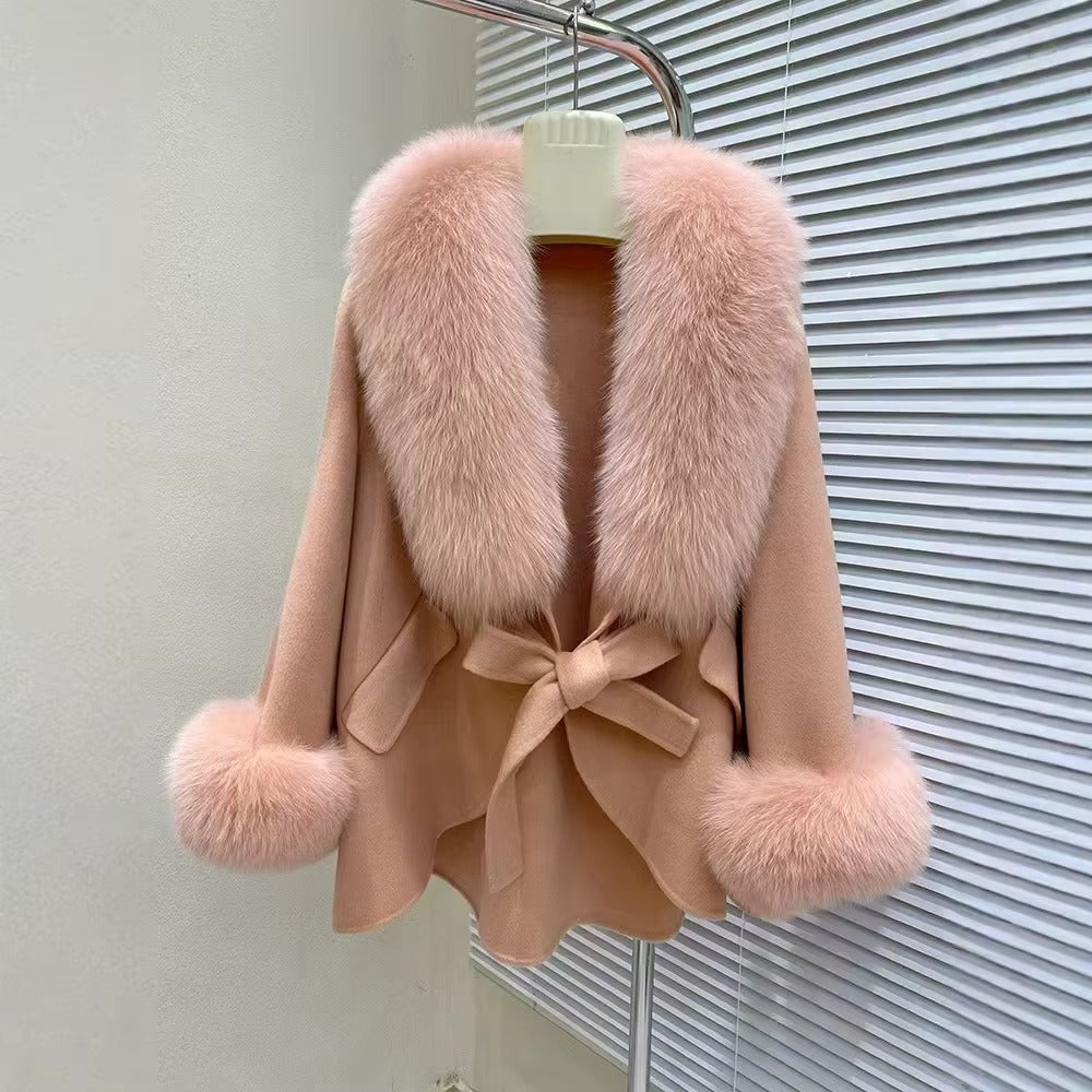 Women Double-Sided Wool Cloak Coat Fox Fur Collar