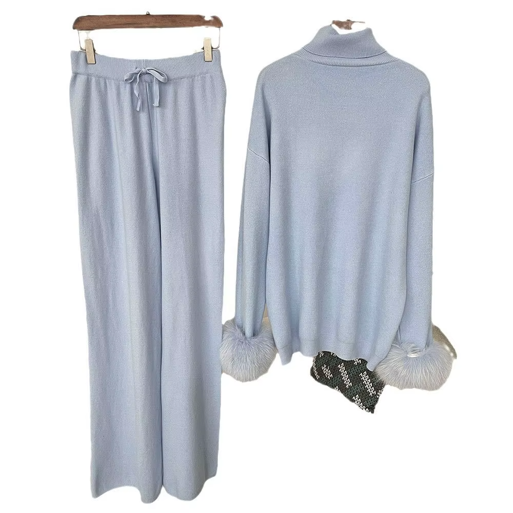 Women Autumn Winter High Neck Knit Two-Piece Set Fox Fur Cuff Loose Comfortable